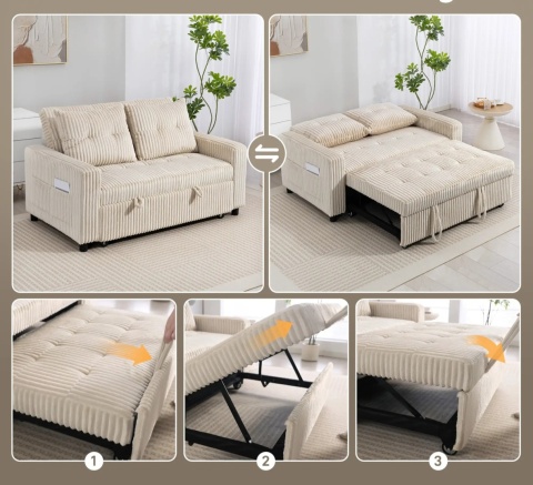 Kanapa Sofa rozkładana Mała Sztruks 157x90 cm Kremowa