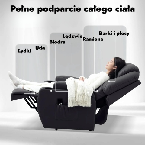 Fotel elektryczny podnoszony rozkładany wypoczynkowy Eko skóra Czarny