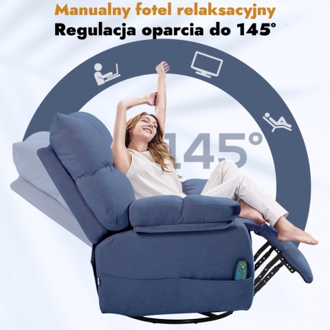 Fotel rozkładany Obrotowy z masażem i funkcją grzania do 150kg Niebieski