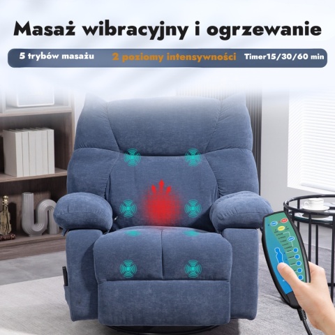 Fotel rozkładany Obrotowy z masażem i funkcją grzania do 150kg Niebieski