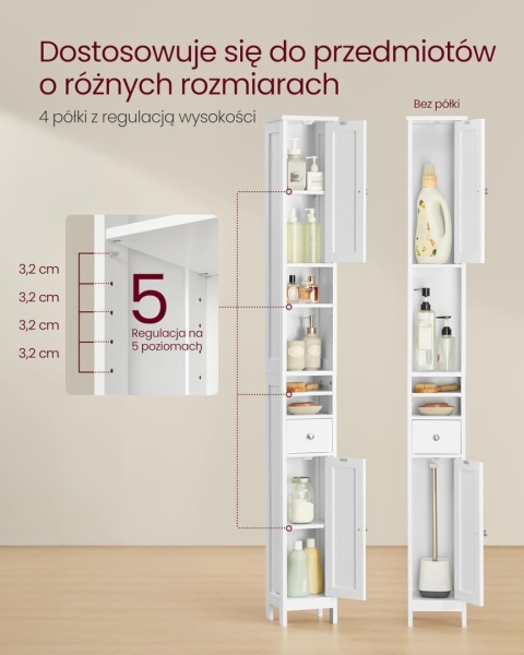 Regał do łazienki Wąski Biała Słupek Szafka 19,5 x 21,4 x 180 cm
