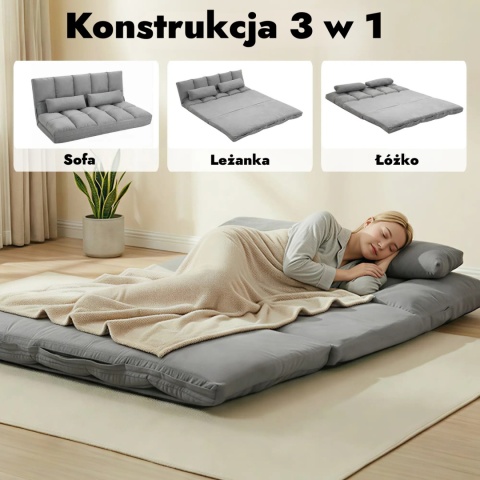 Sofa roskładana 3 w1 leżanka kanapa regulowane oparcie szara