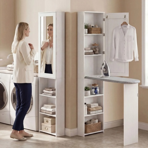 Szafka na deskę do prasowania z lustrem Biała 106x35x174 cm Składana