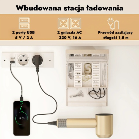 Toaletka kosmetyczma z lustrem podświetlanym LED połki szuflady