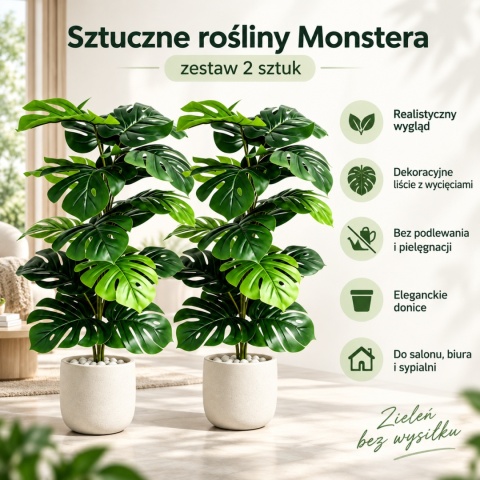 Duża Monstera Sztuczna 2 sztuki Zestaw Kwiatów Sztucznych do domu biura na taras 84cm