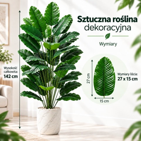 Duża Sztuczna Roślina Kwiatek 142cm Strelicja XXL do biura na balkon taras do domu