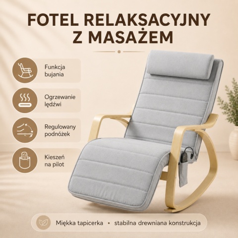 Fotel bujany z masażem ogrzewaniem podnóżkiem Jasnoszary