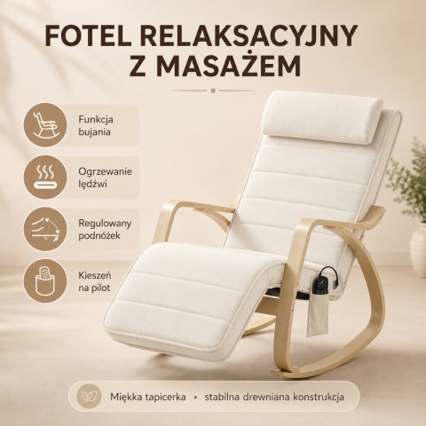 Fotel bujany z masażem ogrzewaniem podnóżkiem kremowo-biały