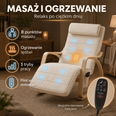 Fotel bujany z masażem ogrzewaniem podnóżkiem kremowo-biały