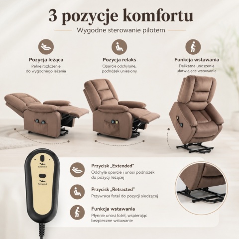 Fotel podnoszony regulowany elektryczny rozkładany geriatryczny telewizyjny wypoczynkowy