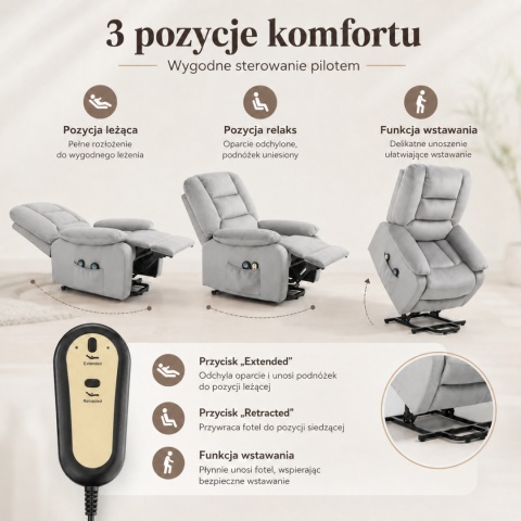 Fotel podnoszony regulowany elektryczny rozkładany geriatryczny telewizyjny wypoczynkowy