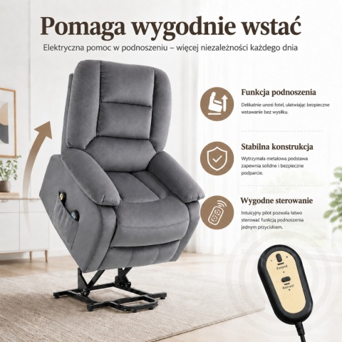 Fotel podnoszony regulowany elektryczny rozkładany geriatryczny telewizyjny wypoczynkowy