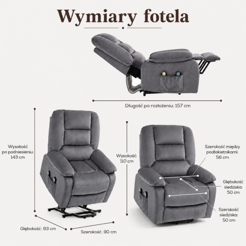 Fotel podnoszony regulowany elektryczny rozkładany geriatryczny telewizyjny wypoczynkowy