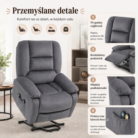 Fotel podnoszony regulowany elektryczny rozkładany geriatryczny telewizyjny wypoczynkowy