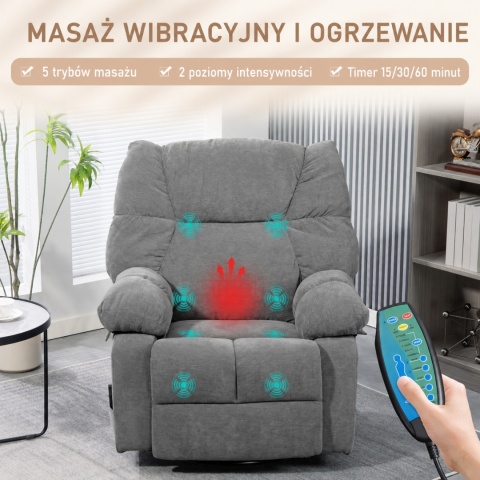 Fotel rozkładany Obrotowy z masażem i funkcją grzania do 150kg Szary