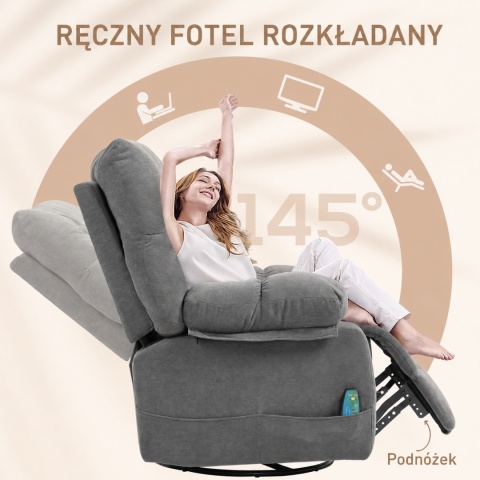 Fotel rozkładany Obrotowy z masażem i funkcją grzania do 150kg Szary