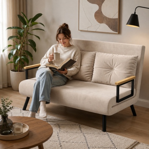 Kanapa Dwuosobowa Rozkładana Łóżko 73x102 cm Sofa Beżowa