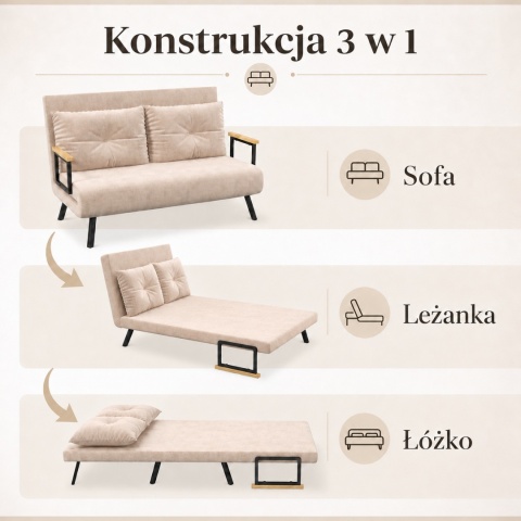 Kanapa Dwuosobowa Rozkładana Łóżko 73x102 cm Sofa Beżowa