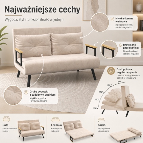 Kanapa Dwuosobowa Rozkładana Łóżko 73x102 cm Sofa Beżowa