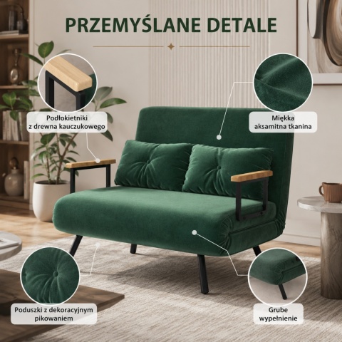 Kanapa Dwuosobowa Rozkładana Łóżko 73x102 cm Sofa Zielona