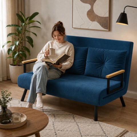 Kanapa Dwuosobowa Rozkładana Łóżko 73x102 cm Sofa Niebieska
