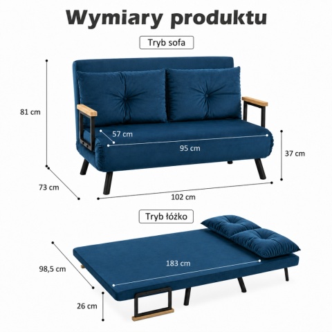 Kanapa Dwuosobowa Rozkładana Łóżko 73x102 cm Sofa Niebieska