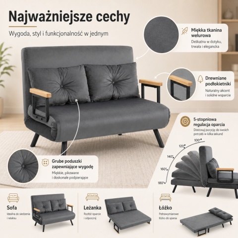 Kanapa Dwuosobowa Rozkładana Łóżko 73x102 cm Sofa Szara