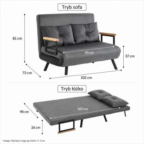 Kanapa Dwuosobowa Rozkładana Łóżko 73x102 cm Sofa Szara
