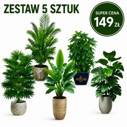 Kwiaty sztuczne Zestaw 5 sztuk Rośliny Tropikalne do domu Ogrodu 65cm Monstera Palma Bananowiec