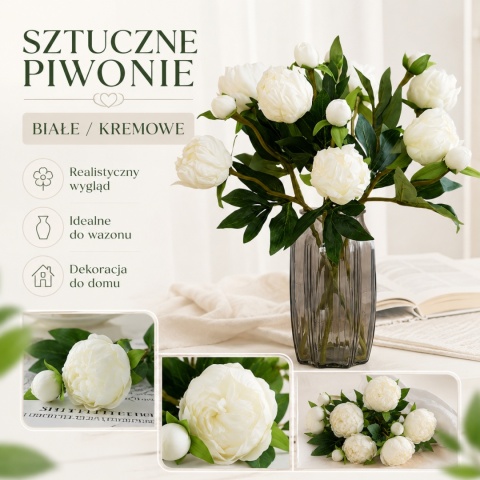 Sztuczne Piwonie Białe 5 szt. Kwiaty Dekoracyjne do Wazonu na Ślub Stół Przyjęcie