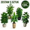 Kwiaty sztuczne Zestaw 5 sztuk Rośliny Tropikalne do domu Ogrodu 65cm Monstera Palma Bananowiec
