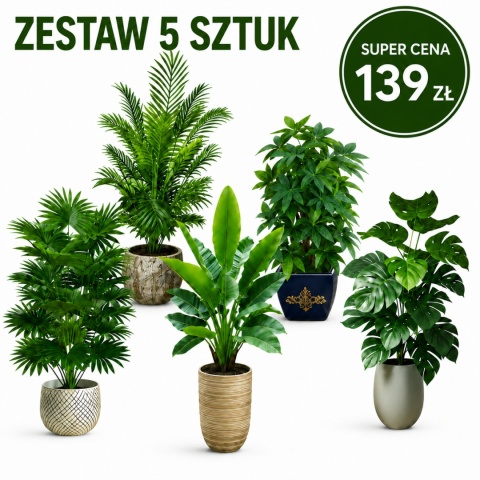 Kwiaty sztuczne Zestaw 5 sztuk Rośliny Tropikalne do domu Ogrodu 65cm Monstera Palma Bananowiec