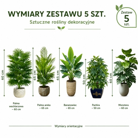 Kwiaty sztuczne Zestaw 5 sztuk Rośliny Tropikalne do domu Ogrodu 65cm Monstera Palma Bananowiec