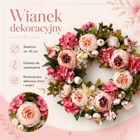 Wianek Wieniec 45cm na drzwi ścianę Sztuczne Kwiaty PRZEPIĘKNY