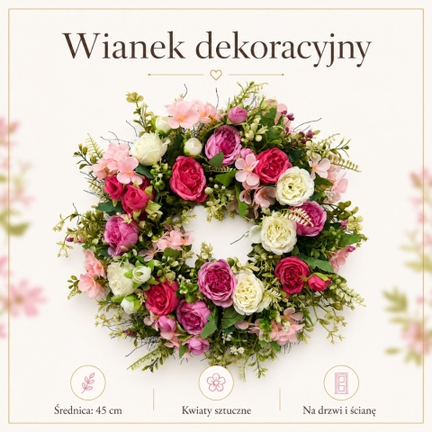 Wianek na drzwi ścianę Wieniec 45cm GĘSTY ŚLICZNY Róże Różowy Kremowy