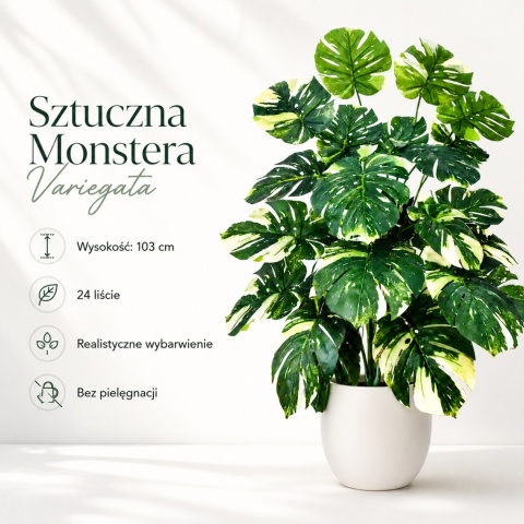 Duża Monstera Sztuczna 103cm XL Zielono Kremowa SZTUCZNY KWIATEK ROŚLINA PIĘKNA 24 LIŚCIE