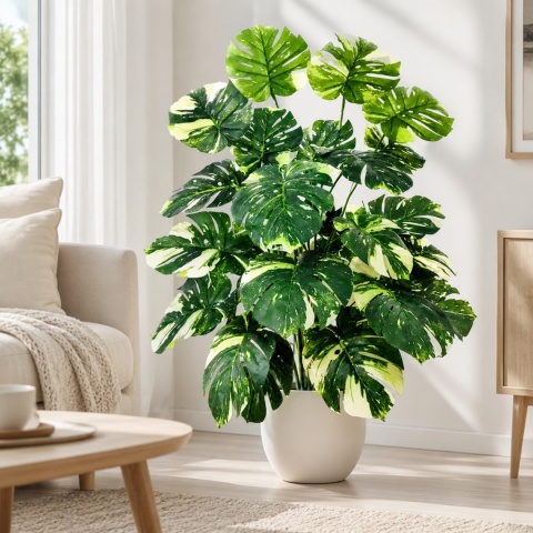 Duża Monstera Sztuczna 103cm XL Zielono Kremowa SZTUCZNY KWIATEK ROŚLINA PIĘKNA 24 LIŚCIE
