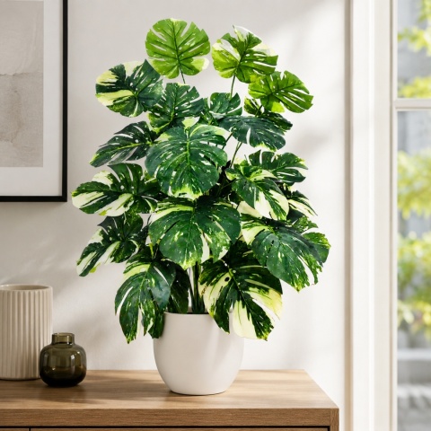 Duża Monstera Sztuczna 103cm XL Zielono Kremowa SZTUCZNY KWIATEK ROŚLINA PIĘKNA 24 LIŚCIE