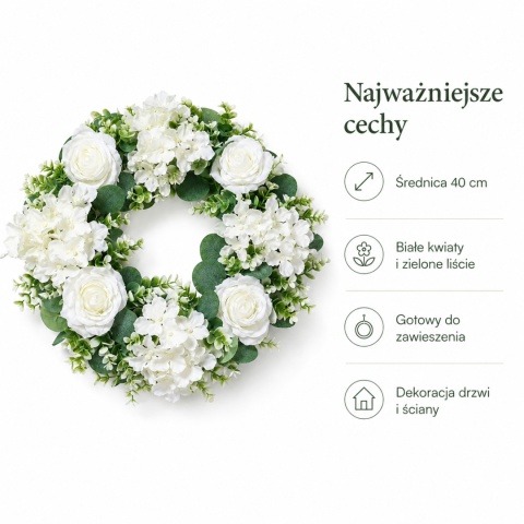 Sztuczny Wianek 40cm Wieniec Biały Róże Hortensje ŚLICZNY GĘSTY
