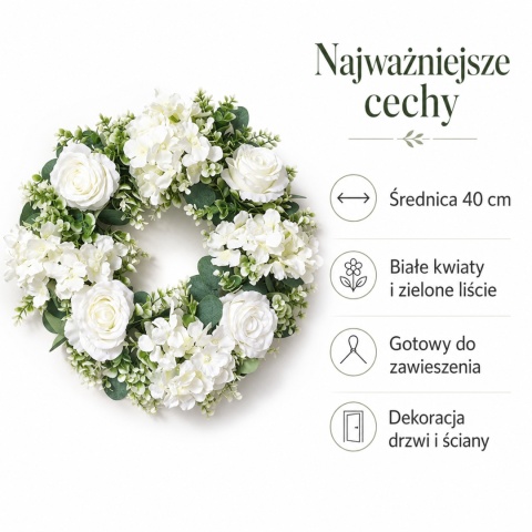 Sztuczny Wianek 40cm Wieniec Biały Róże Hortensje ŚLICZNY GĘSTY