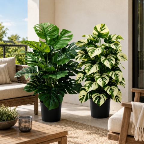 Sztuczne kwiaty Monstera Rośliny 2 sztuki Zestaw 68cm Zielone Kremowe