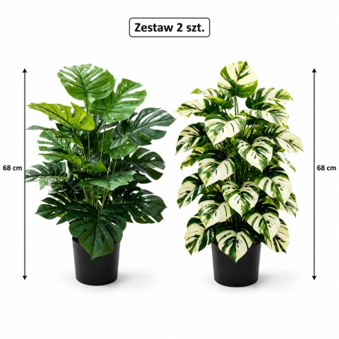 Sztuczne kwiaty Monstera Rośliny 2 sztuki Zestaw 68cm Zielone Kremowe