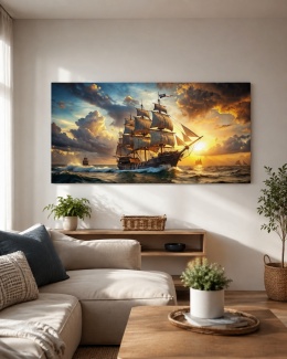 Plakat Obraz 140x70 cm Żaglowiec o zachodzie słońca Statek