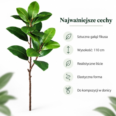 Sztuczna Roślina Doniczkowa Fikus Sprężysty Gałąź 110cm Sztuczne drzewko