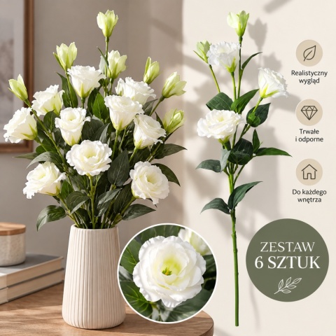 Eustoma Sztuczna Zestaw 6 szt JAK ŻYWE Gałązki Sztuczne Kwiaty Białe Bukiet Kwiaty do Wazonu na Ślub