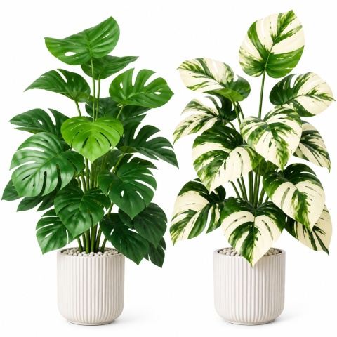 Sztuczne kwiaty Monstera Rośliny 2 sztuki Zestaw 68cm Zielone Kremowe