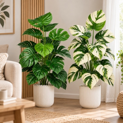 Sztuczne kwiaty Monstera Rośliny 2 sztuki Zestaw 68cm Zielone Kremowe