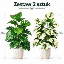 Sztuczne kwiaty Monstera Rośliny 2 sztuki Zestaw 68cm Zielone Kremowe