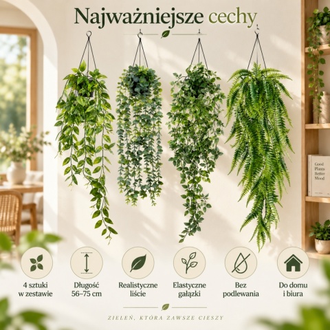 Sztuczne kwiatki Zwisające Bluszcz 4 sztuki 75cm do domu biura Eukaliptus Fikus