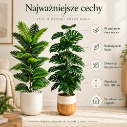 Wysokie Sztuczne rośliny doniczkowe kwiaty 2 sztuki Monstera Palma 110cm Zielone